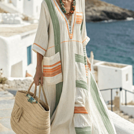 Kaftan-Kleid Diane mit Grünen und Orangefarbenen Streifen