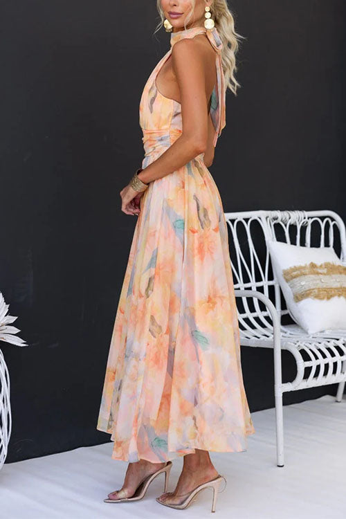 Lotte - Lange Kleid mit Aquarelldruck und Halterneck