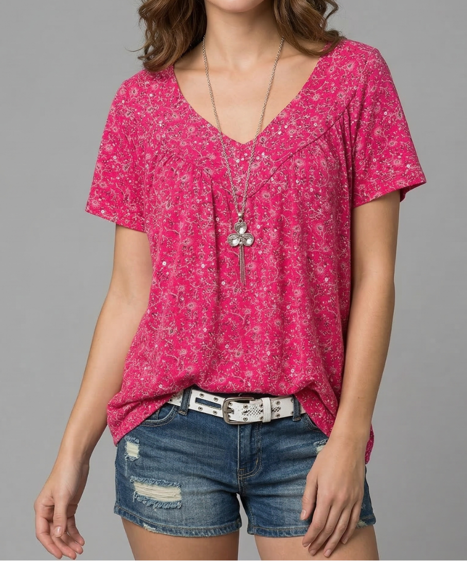 Yena - Flora-T-Shirt mit V-Ausschnitt