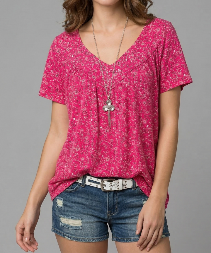 Yena - Flora-T-Shirt mit V-Ausschnitt