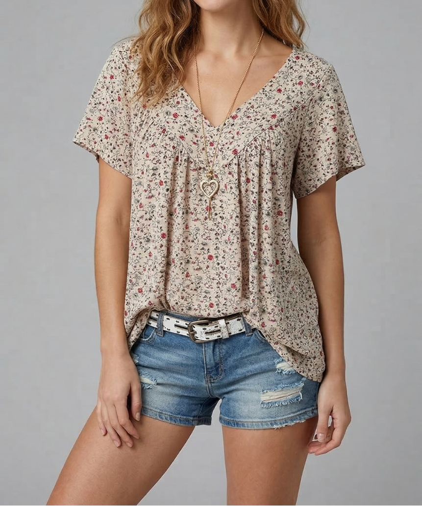 Yena - Flora-T-Shirt mit V-Ausschnitt