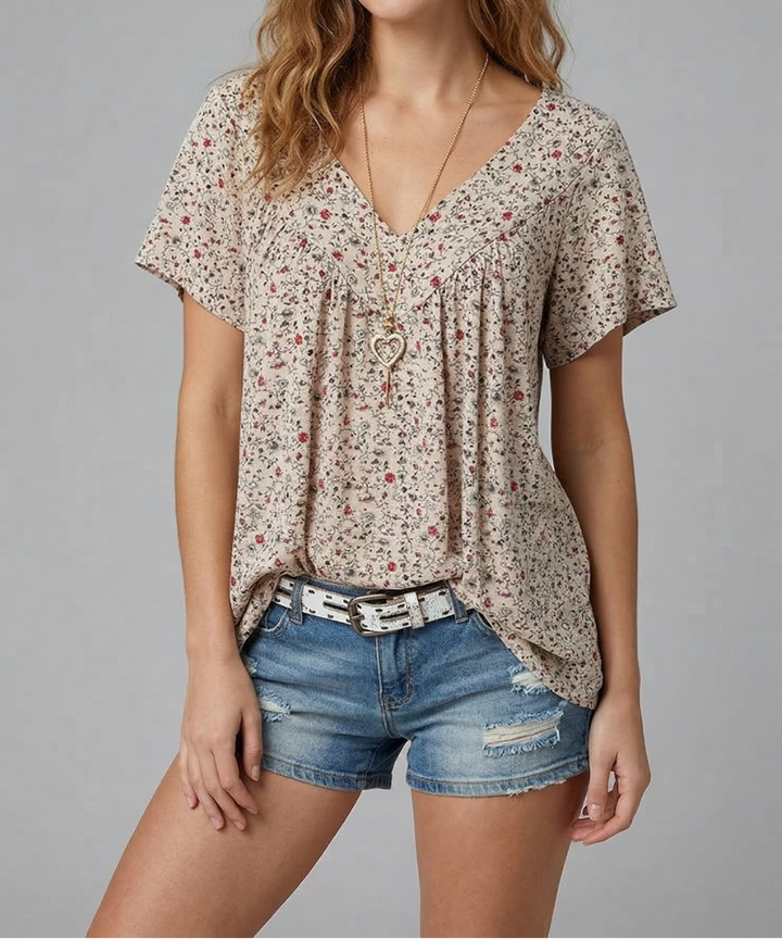 Yena - Flora-T-Shirt mit V-Ausschnitt