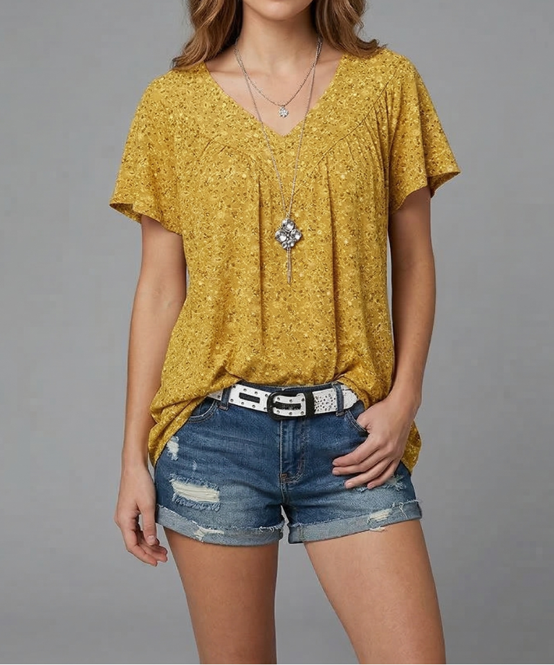 Yena - Flora-T-Shirt mit V-Ausschnitt