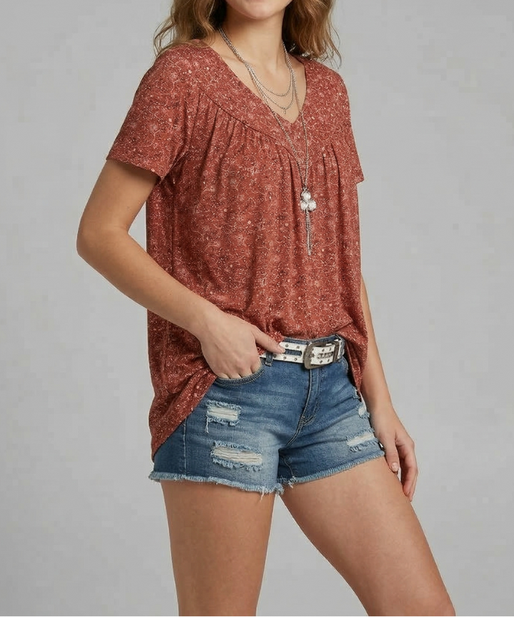 Yena - Flora-T-Shirt mit V-Ausschnitt