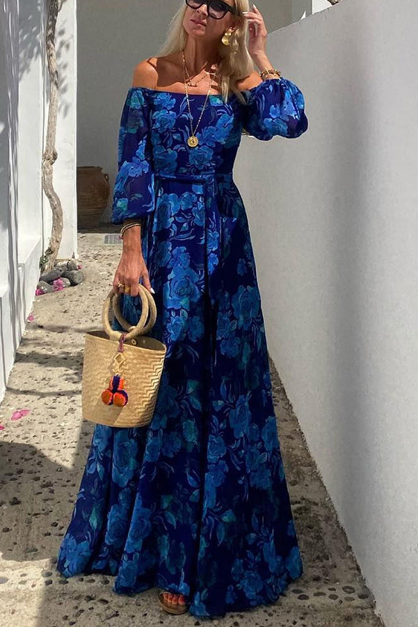 Luna - Maxikleid mit Blumenmuster und schulterfreien Ärmeln