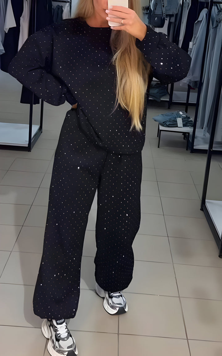 Sparkora - Lässiges Sweatshirt- und Hosen-Set mit Diamantdetails