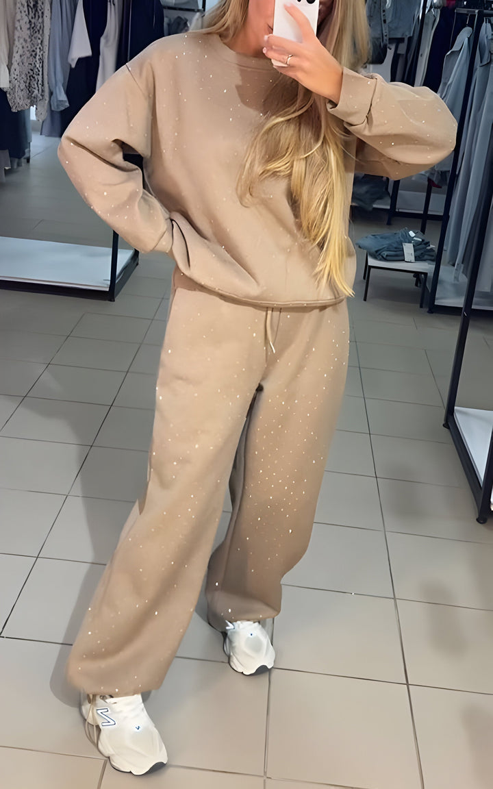Sparkora - Lässiges Sweatshirt- und Hosen-Set mit Diamantdetails